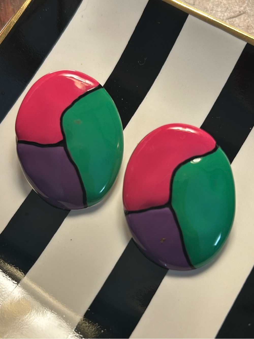 Bold Vintage Art Deco Enamel Earrings Multicolor Geometric Design